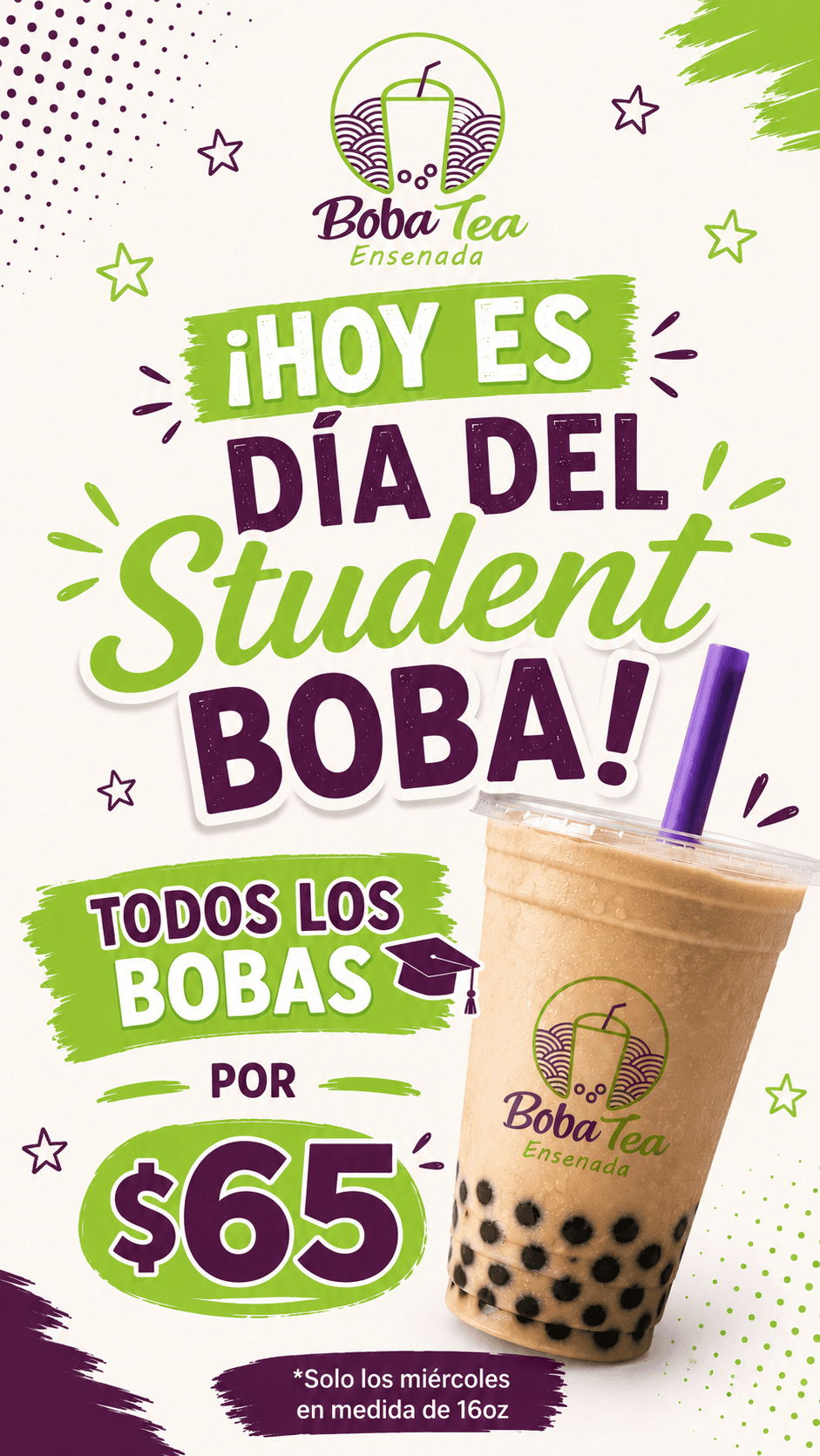 Promoción Student Boba: todos los bobas de 16 onzas por $65 pesos, solo los miércoles